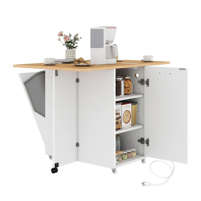 Moasis Foldable Kitchen Island With Trash Can Storage Cabinet & Power Outlet