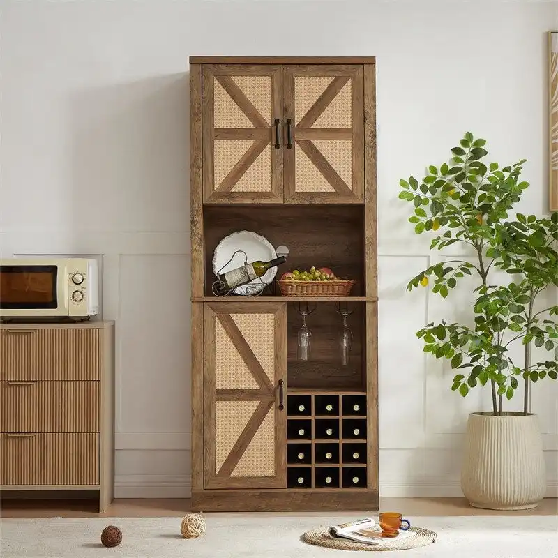 Mieres Wine Bar Cabinet, 76 Tall Kitchen Pantry Cabinet, Kitchen Bar Cabinet with Square Compartments, Coffee Bar Cabinet