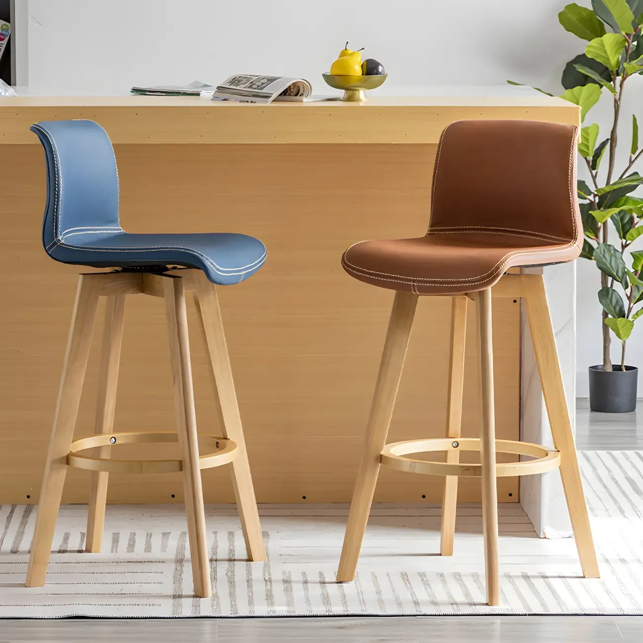 Mid-Century Distressed Leather Swivel Bar Stool with Back