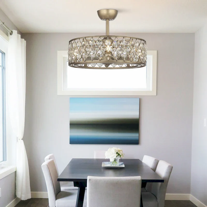 25  Rusted Silver 3-Blade Crystal Ceiling Fan Chandelier with Remote