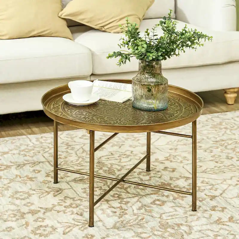 HOMCOM 24 Round Coffee Table with Hammered Tray Top, Vintage Metal Center Table for Living Room, Bedroom, Side Table