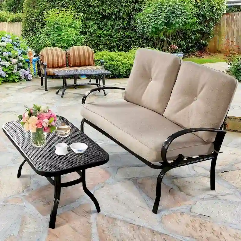 Costway 2 Pcs Patio LoveSeat Coffee Table Set Furniture Bench With - See Details