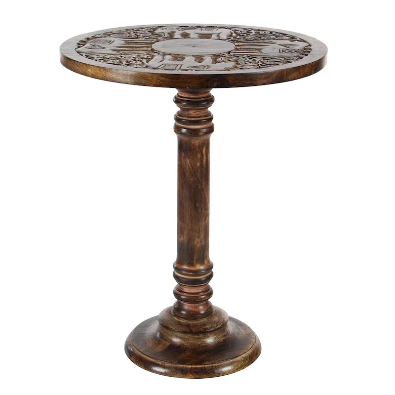 Round Accent Table - Dark Brown Mango Wood, Hand-Carved Elephant/Floral, 17W x 21H, 100 lbs