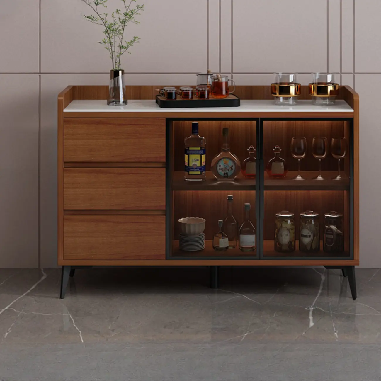 Modern Wooden Floor Glass Door Large Capacity Wine Cabinet