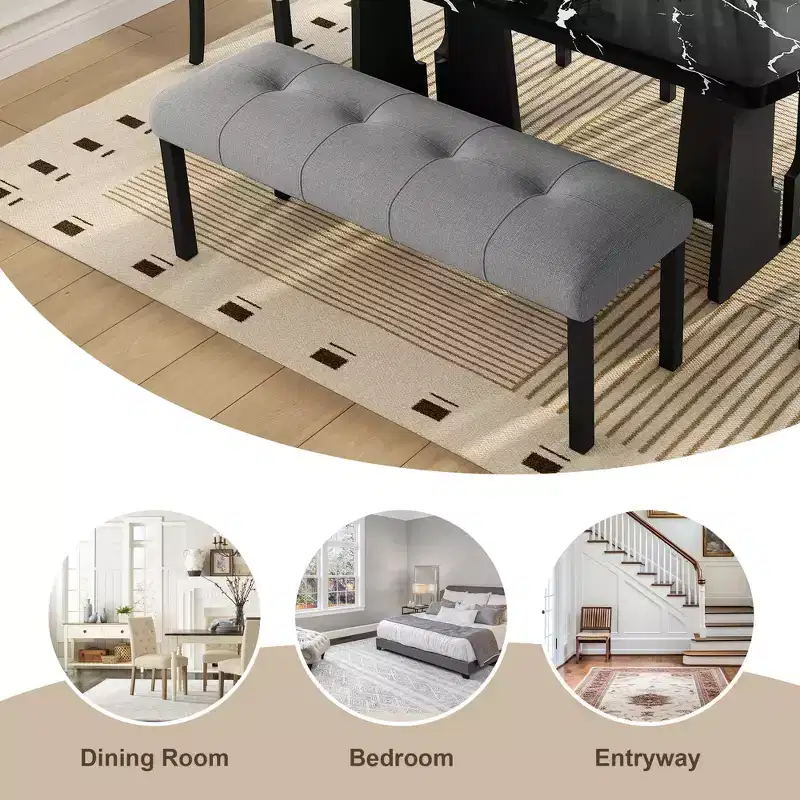 Modern Tufted Linen Dining Bench with Rubber Wood Legs