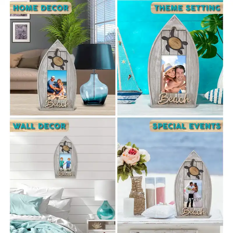 CoTa Global Grey Distressed Wood Coastal Sea Turtle Boat 3.5X5 Frame - 11 inches