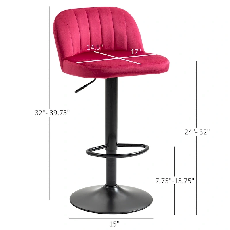 HOMCOM Adjustable Bar Stools Set of 2, Velvet Counter Height Barstool, Upholstered Kitchen Stool with Swivel Seat, Steel Frame