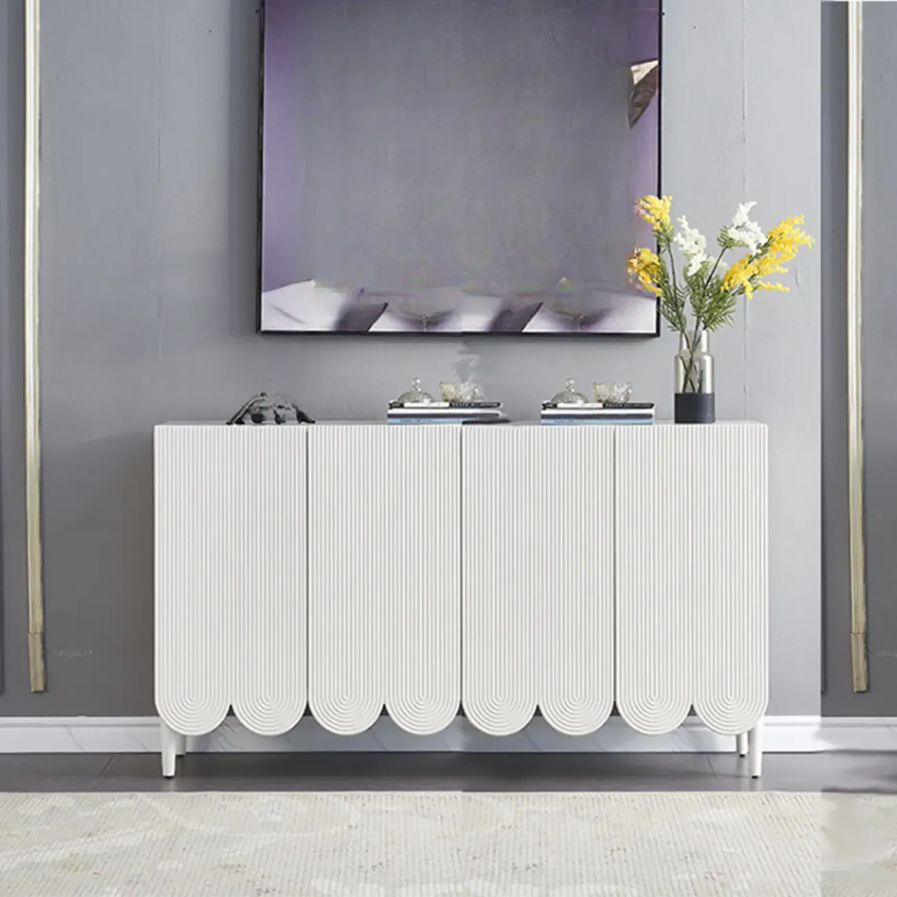 Modern White Wood Scalloped Adjustable Shelves Cabinet
