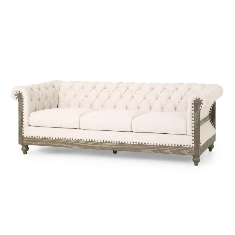 Beige Chesterfield Button Tufted 3-seater Sofa with Wood Legs