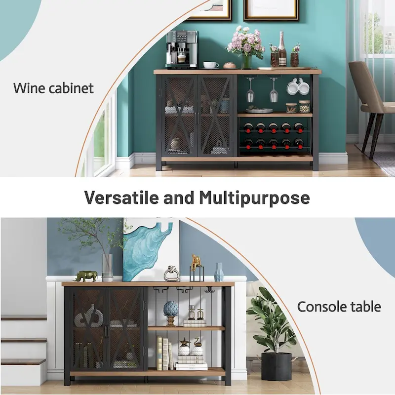 Myhozm Buffet Bar Cabinet with Wine Rack, Modern Buffet/Sideboard Wine Bar Dining Server, Grey/Brown