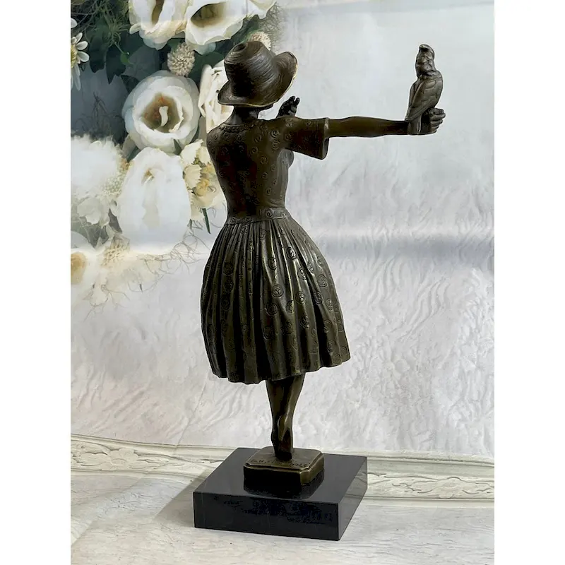 100 Percent Solid Bronze Sculpture Lady With Bird Signed Real Art Hot Cast Figurine Lrg
