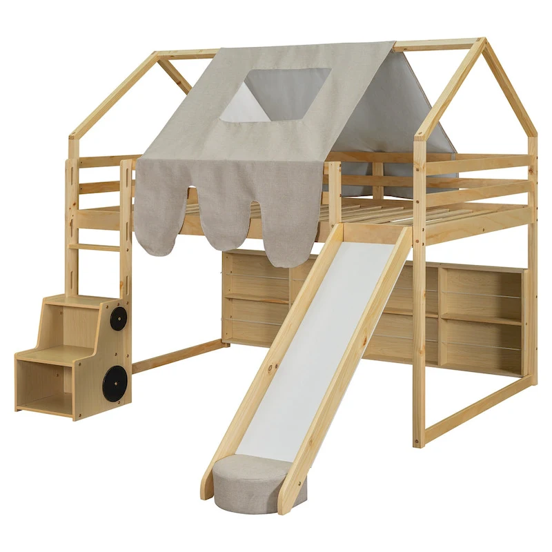 Full Loft Bed with Play Tent, House Design, Slide & Ladder
