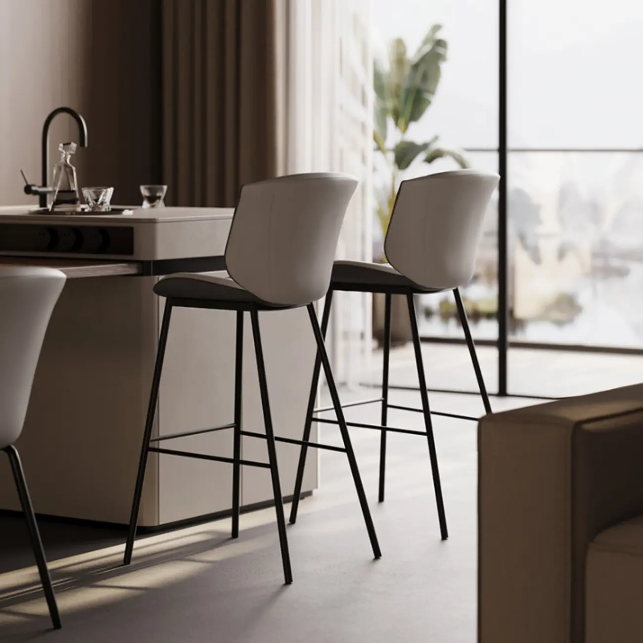 Modern Luxury Trapezoid Cushion Microfiber Leather Carbon Steel Bar Stool