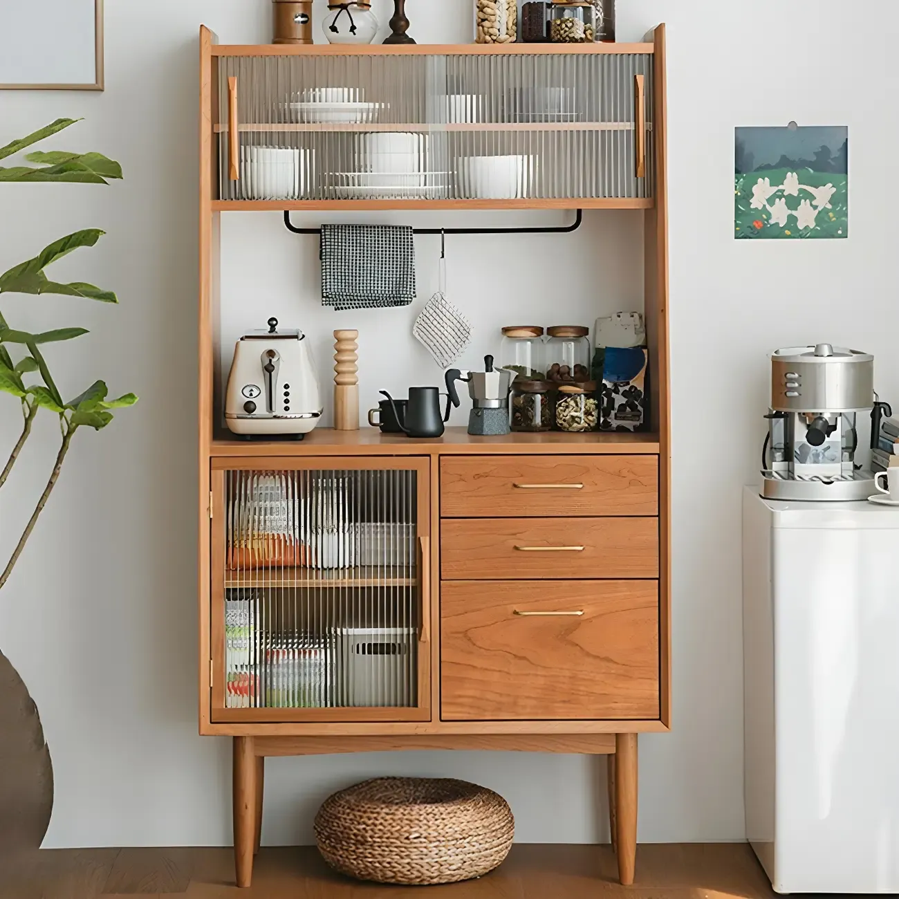 Brown Wooden Glass Door Dining Hutch Cabinet