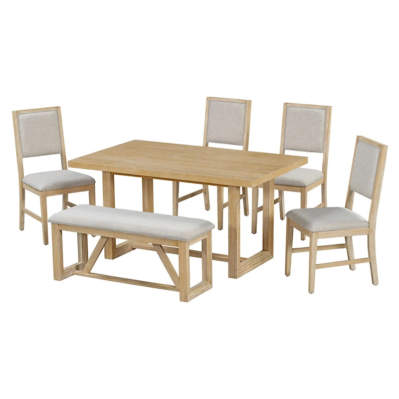 6 Piece Dining Table Chair Set, Wooden Kitchen Furniture Set with Acacia Wood Rectangular Table, 4 Chairs and 1 Bench