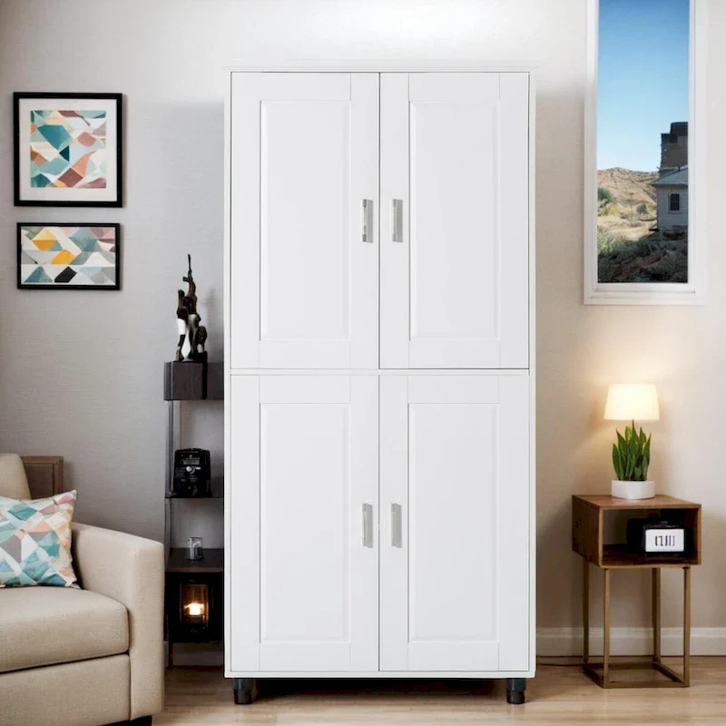 White & Wood Finish Tall Bathroom Floor Storage Cabinet, 4-Door