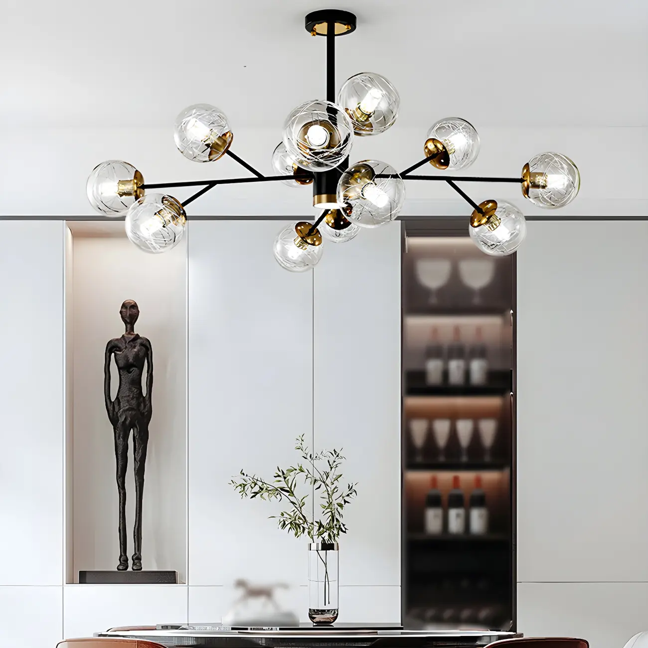 Mid-Century Modern Metal Clear Glass Sphere Sputnik Chandelier