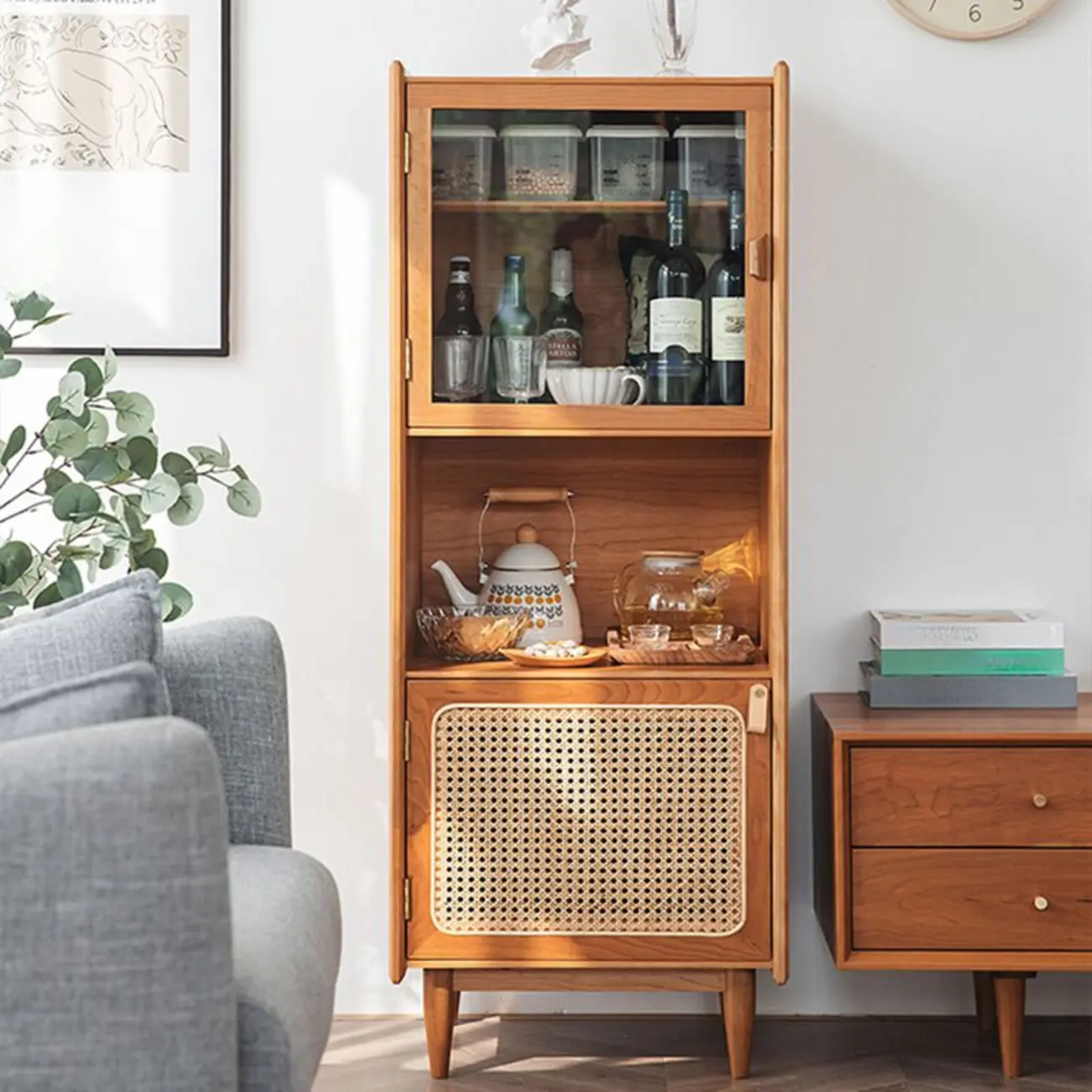 3-Tier Versatile Natural Cherry Wood Glass Rattan Utility Cabinet