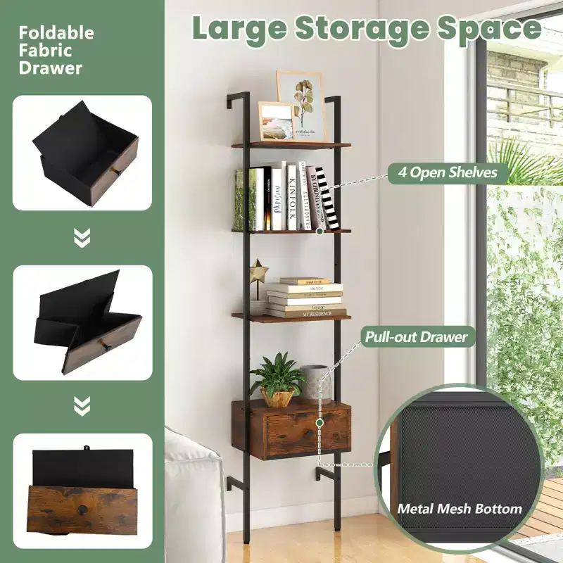 Costway 5-Tier Bookshelf w/ Drawer 70 Wall Mount Ladder Bookcase w/ Metal Frame