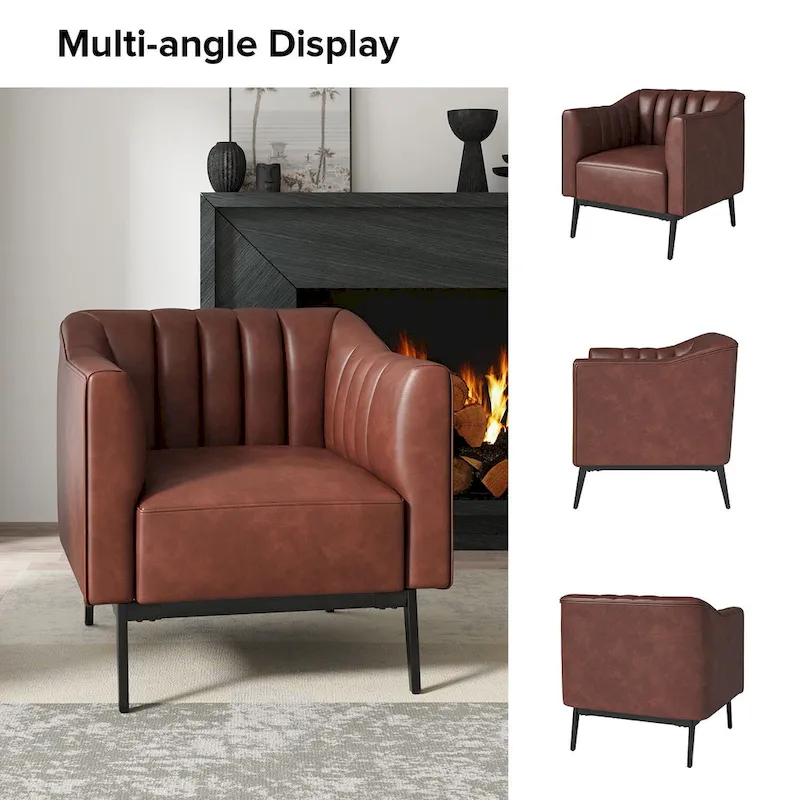 Channel Tufted PU Leather Accent Chair, Navy/Grey/Camel/Brown/Black, Metal Legs, Set of 2