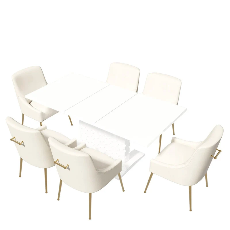 7-Piece Clihome High-gloss Extendable Table Velvet Chair Dining Set
