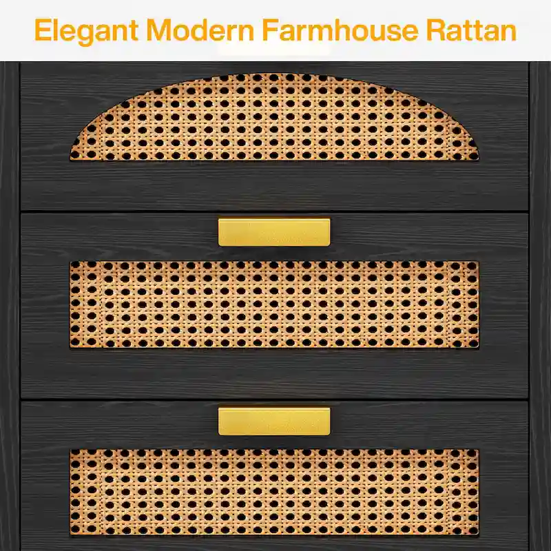 Wood and Rattan 3-Drawer Nightstand with Metal Handles