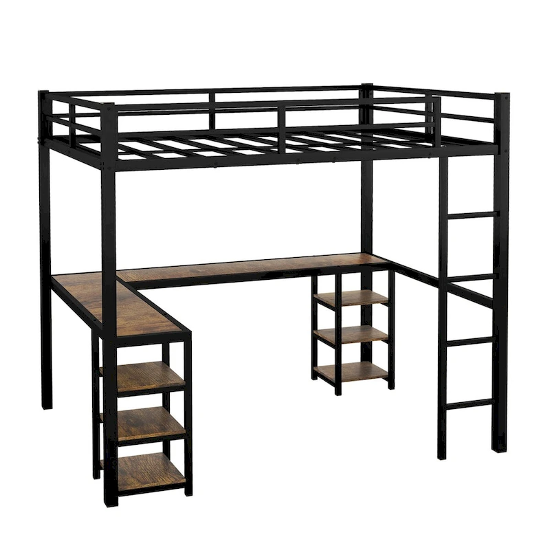 Full Metal Loft Bed with Desk and Shelves