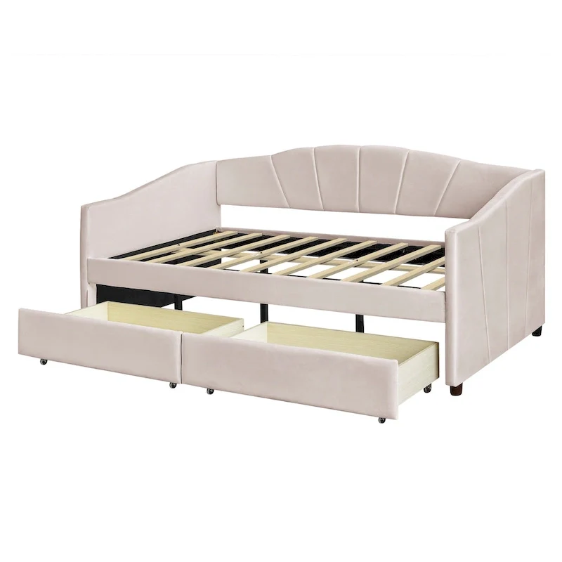 Twin Velvet Daybed with Drawers & Wood Slats