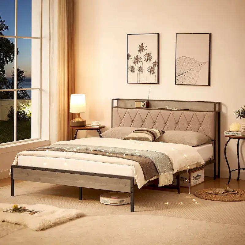 Grey & Queen Bed with Charging Station