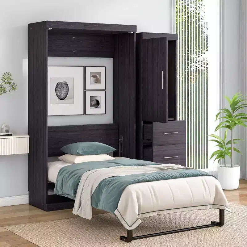 Whisen Wood Murphy Bed with Wardrobe and Drawers