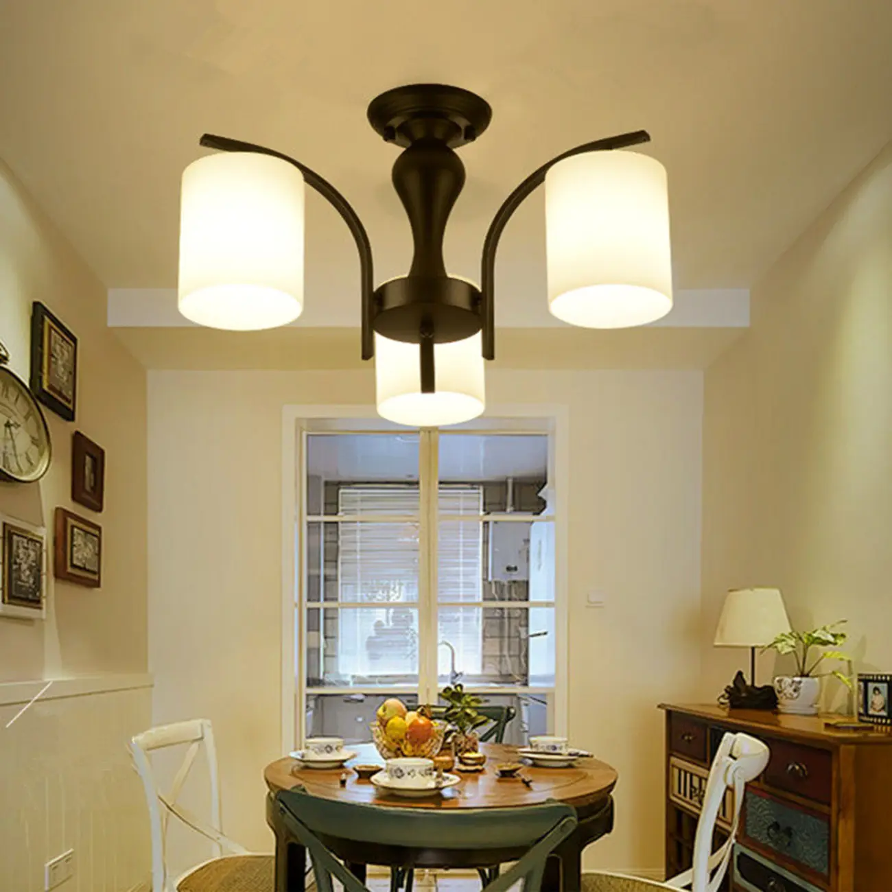 Traditional Black Cylinder Glass Semi-Flush Mount Ceiling Light