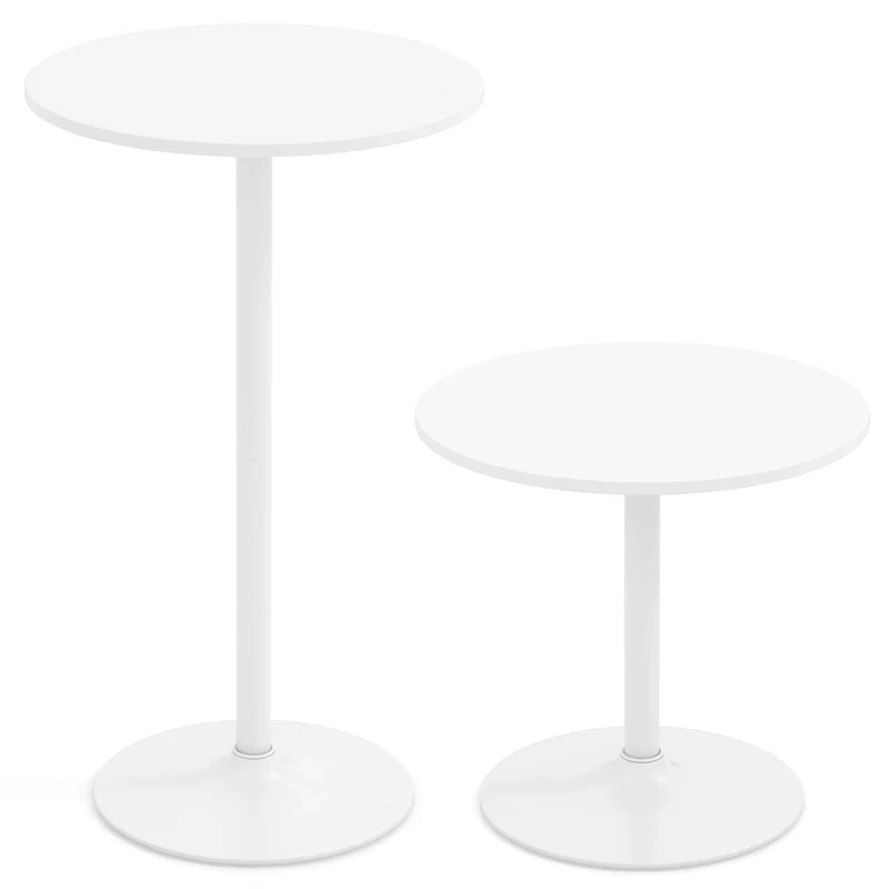 White Round Bistro Table, Adjustable 2-Height (22" or 40"), MDF & Metal Base, 1-Person, 120 lbs