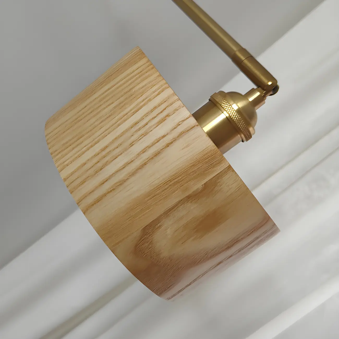 Brown Wood Shade Brass Metal Swing Arm Wall Light