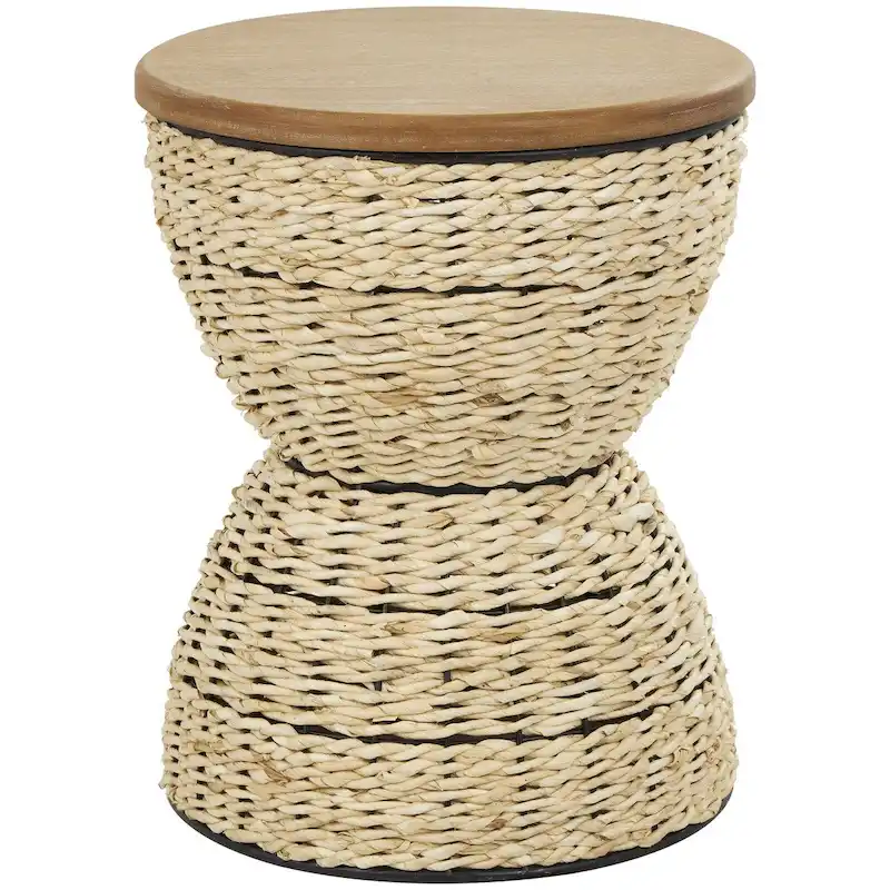 Rattan Handmade Woven Side End Accent Table with Wood Tabletop and Black Frame - Light Brown or Brown