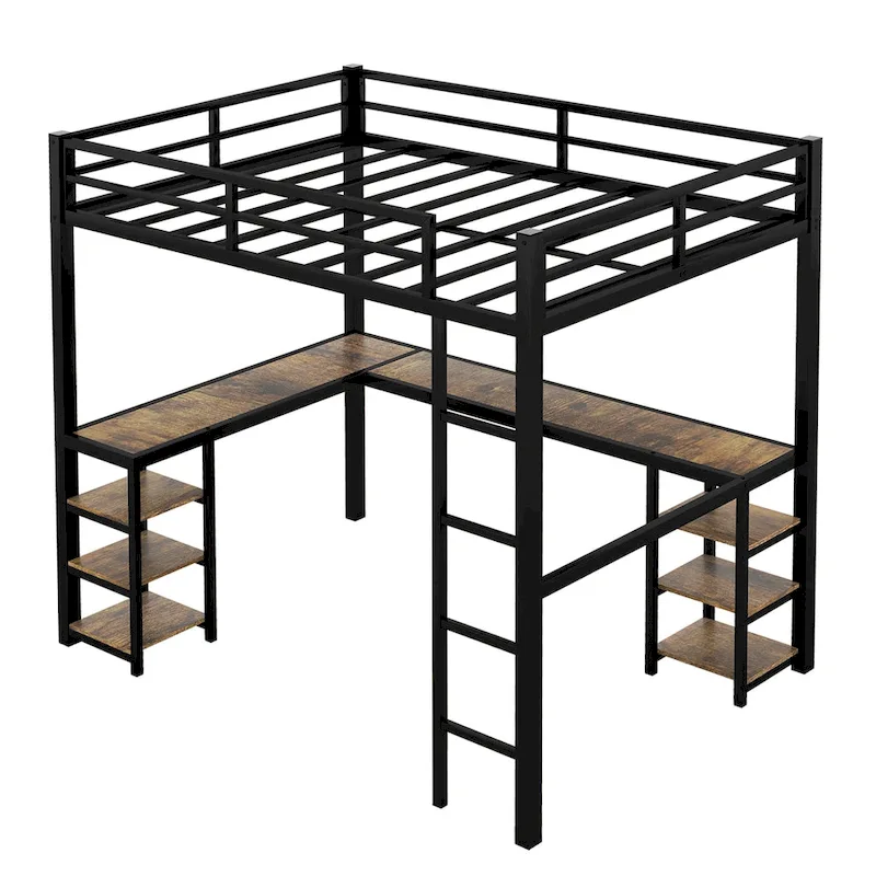 Black Full Metal Loft Bed with Desk & Shelves