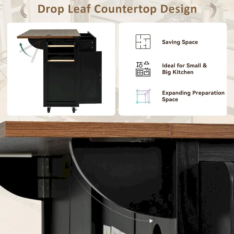 Farmhouse kitchen island with electrical outlets and drop-leaf panels