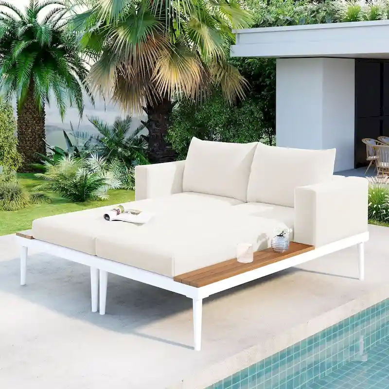 Outdoor Patio Daybed with Acacia Wood Topped Side Spaces, 2-in-1 Design, Adjustable Leg Supports, and Washable Cushions
