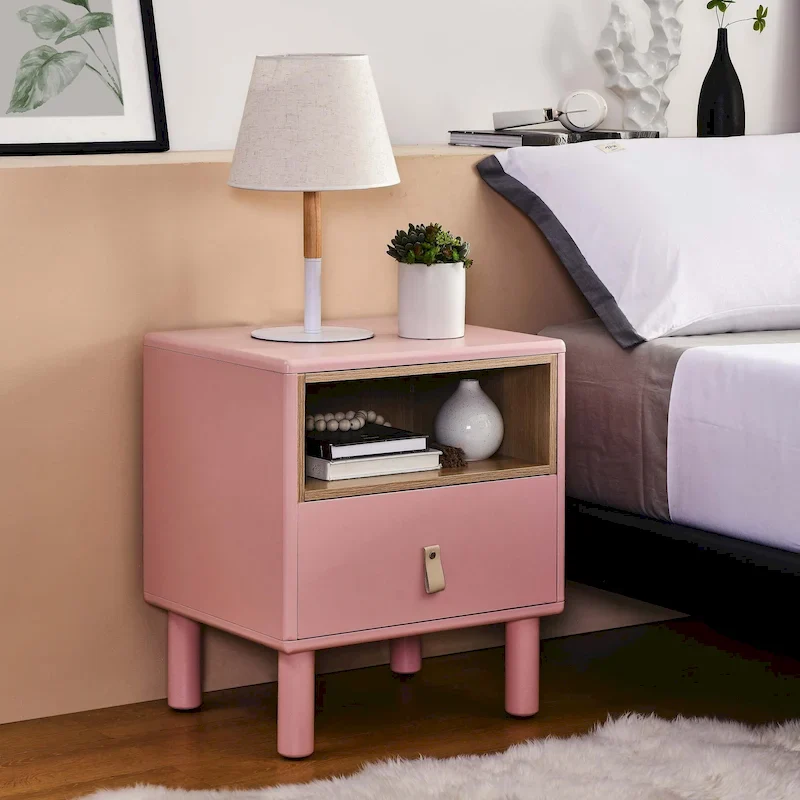 Nightstand - MDF & Solid Wood, 1 Drawer, Open Shelf, Leather Handles, 18.9W x 21.65H, Modern