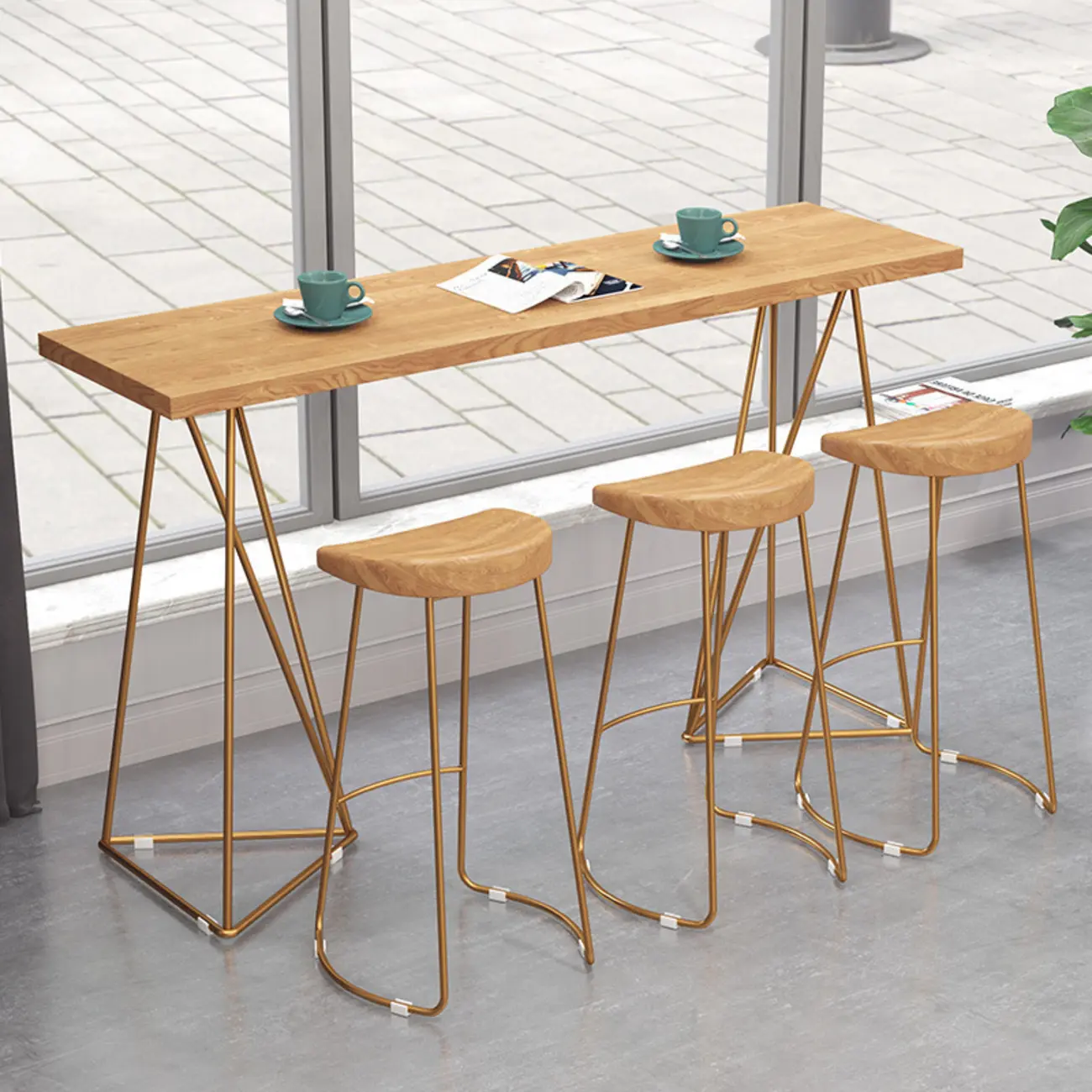 Glam Natural Finish Wooden Fixed Top Bar Tables