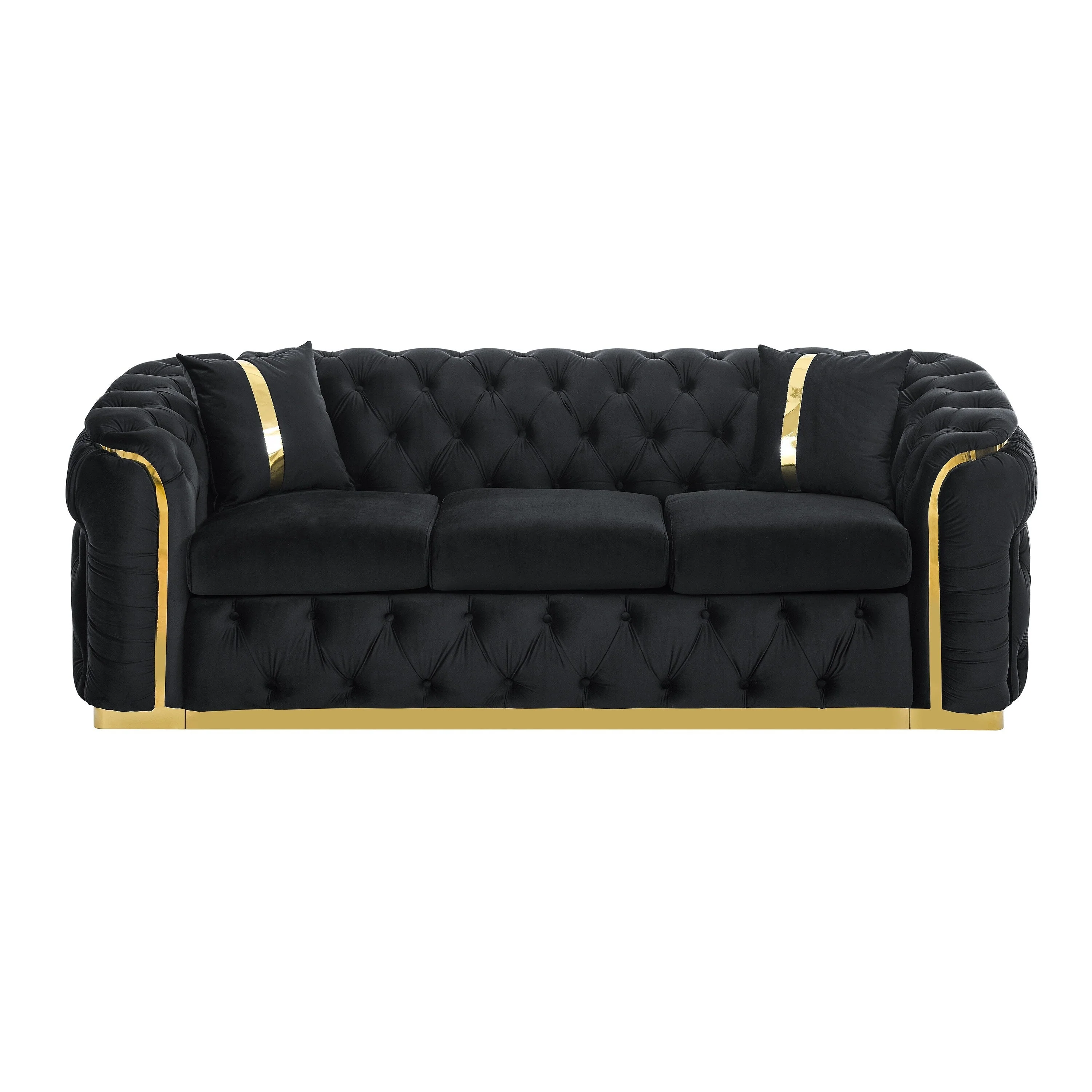 90.6 Velvet 3-Seater Sofa with 2 Pillows High-Density Cushions, Gold Accents, and Pillows