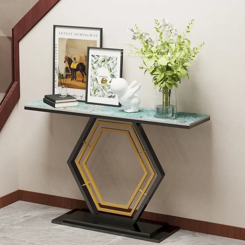 Sintered Stone Console Table with Geometric Base Sofa Table - 47.2x11.8x30.7 inch