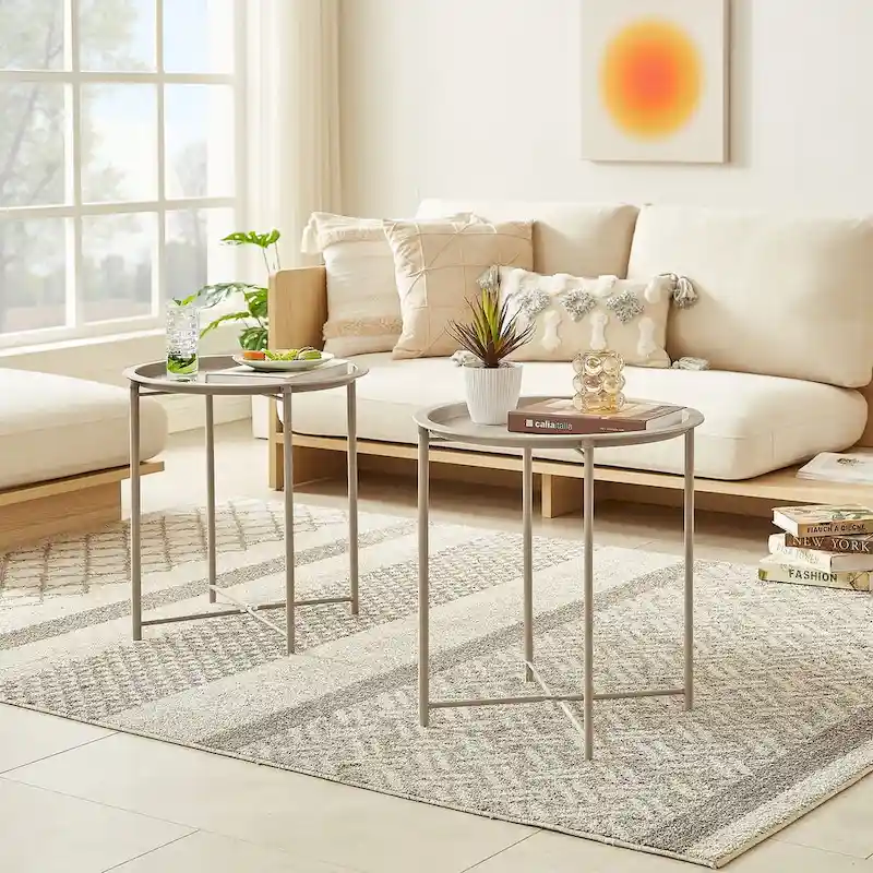 Javlergo Set of 2 Folding Round TV Tray Tables, Small Round Steel Side Table, No Assembly Required - 18.5 x 18.5 x 19.7 in