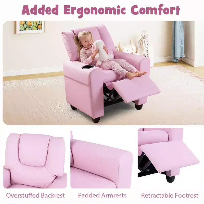 Kids Recliner Chair with Cup Holder – Beige / Black / Brown / Pink, Push-Back Style, 1-Seat
