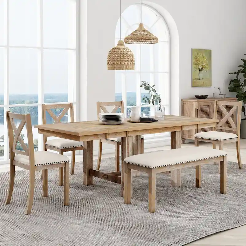 6-Piece Wooden Dining Table Set with Extendable Table & 4 Chairs & Bench