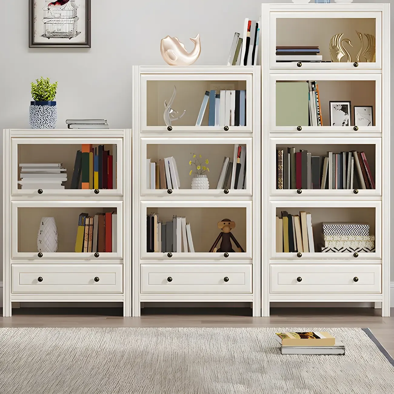 Modish White Wooden Bookcase with Glass Doors