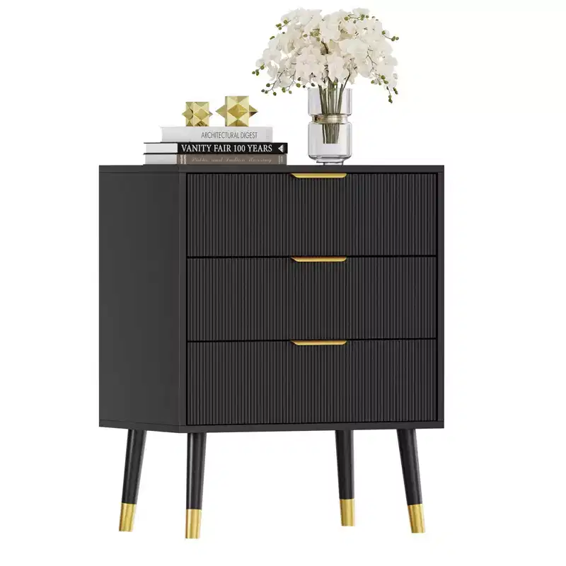 Black/White 3-Drawer Dresser with Metal Legs, Modern Nightstand