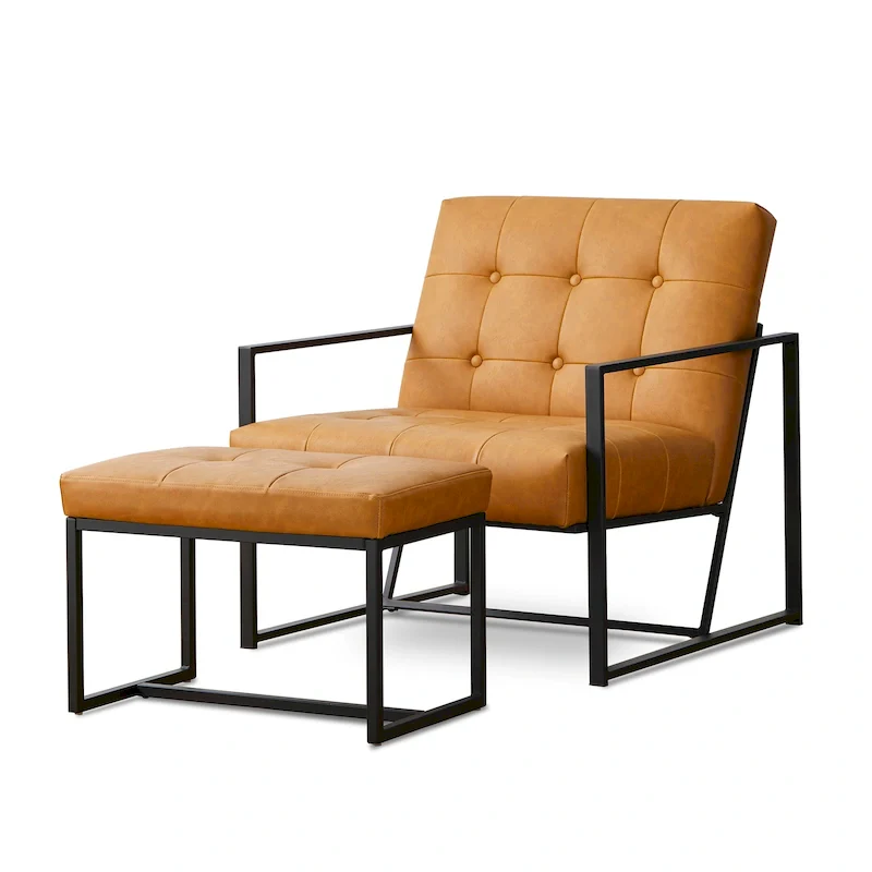 Glitzhome Modern PU Leather Tufted Accent Chair with Ottoman Set