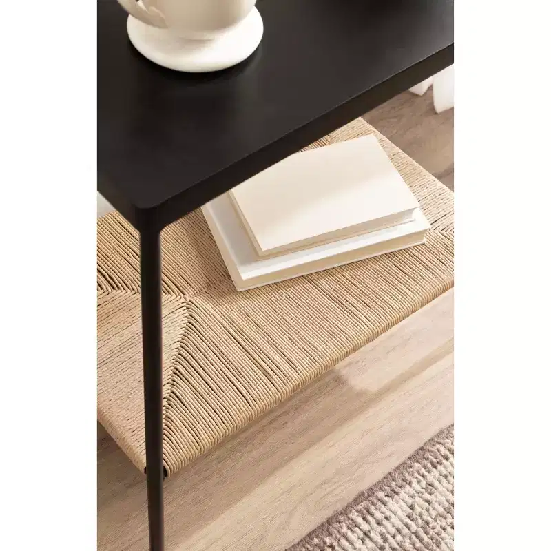 Kate and Laurel Mandell Wood and Natural Woven Side Table, 22x14x22, Natural and Black