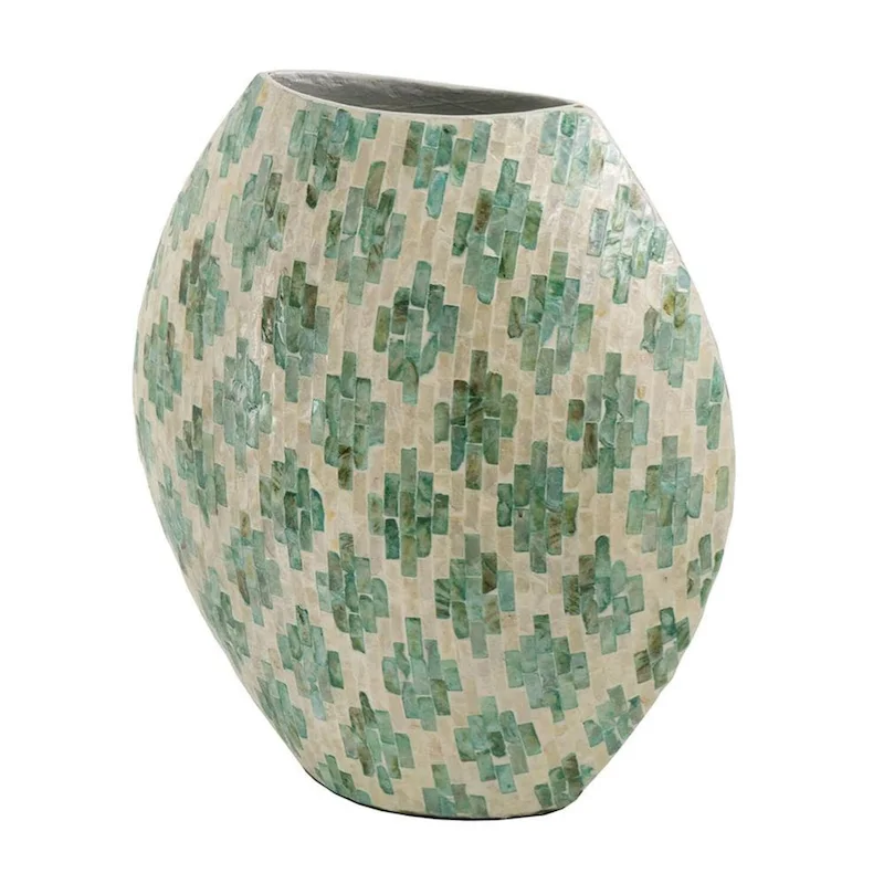 A&B Home Green and Tan Diamond Pattern Capiz Vase