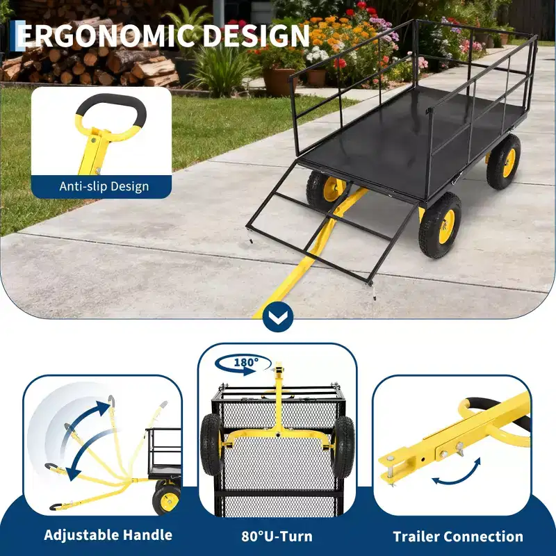 1400 Lbs Steel Garden Cart Heavy Duty 2-in-1 Yard Wagon with Removable Mesh Sides 13 All Terrain Tires & 180 Handle